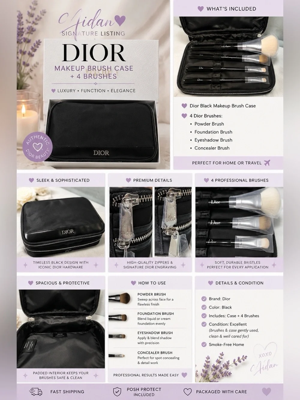 Dior Black Makeup Brush Case & 4-Piece Brush Set Travel Organizer Cosmetic Bag